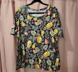 J. Jill Navy Tropical Fruit Print Short Sleeve Tee with Yellow & Peach Accents